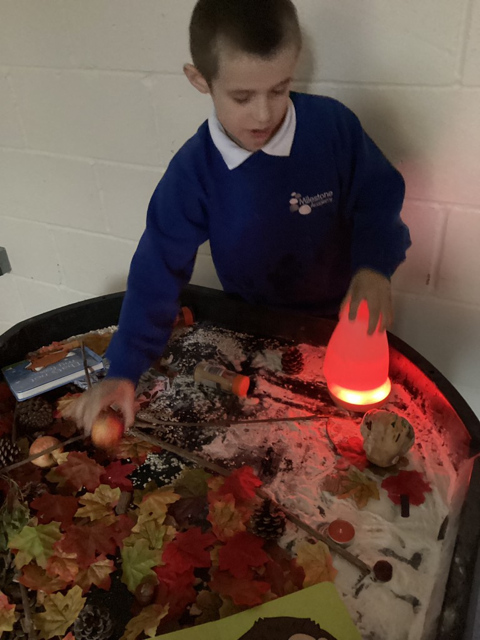 A young, male student is pictured playing with some objects laid out across a table. The objects include autumn leaves, a red-coloured lamp and some twigs.