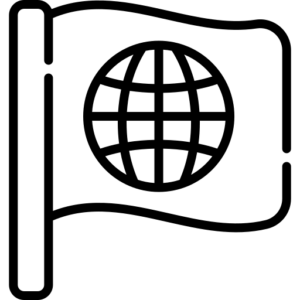 Black outline of a flag with a globe on it.
