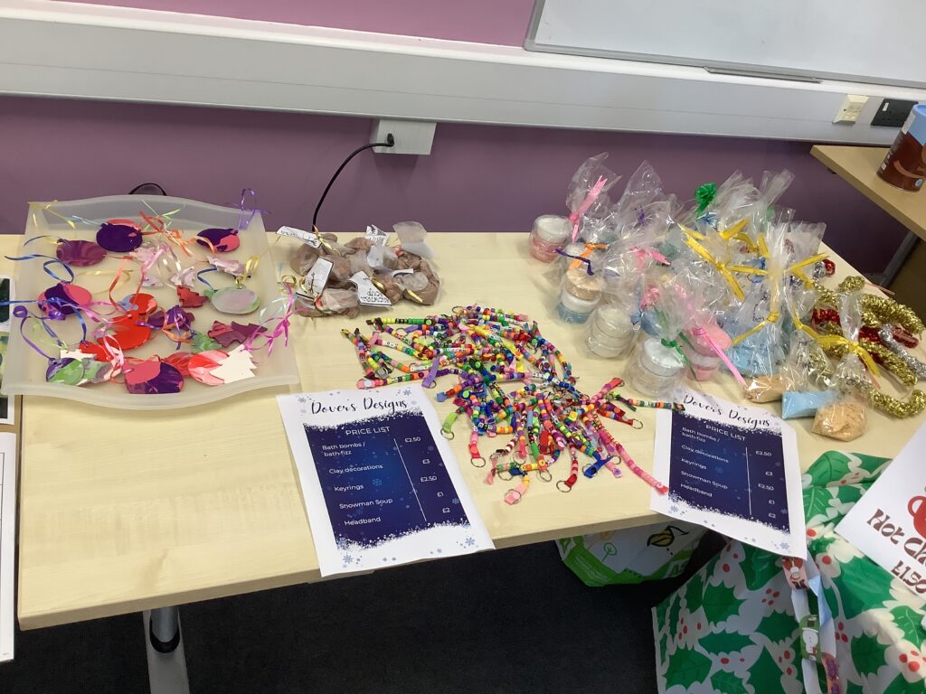 A photo of some Christmas art items that have been created by Milestone Academy students for the Phase 4 Christmas Craft Fair.