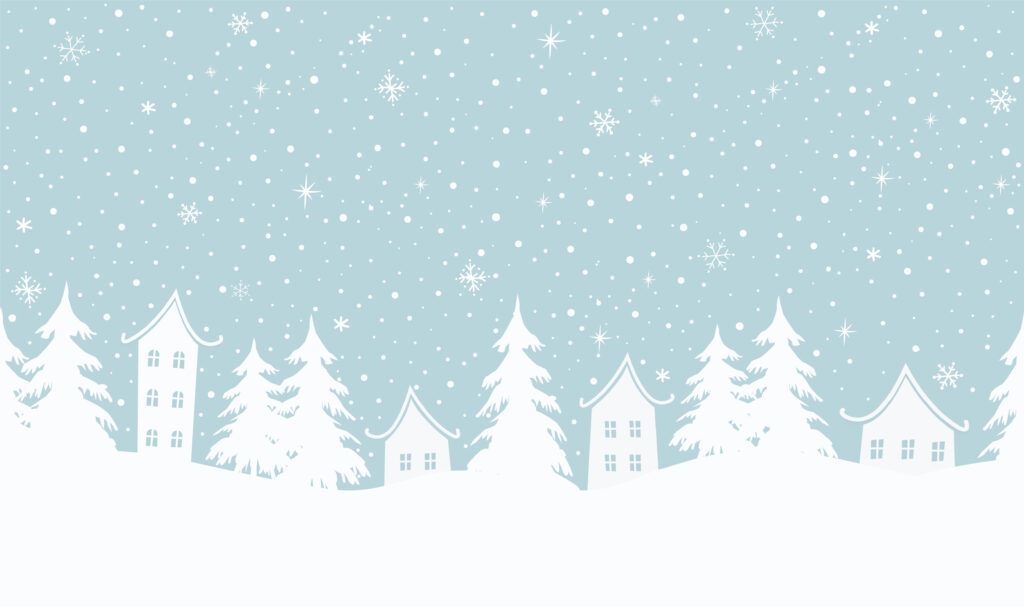 Winter background. Christmas village. Seamless border. Fairy tale winter landscape. White houses, fir trees on light blue background. Vector illustration