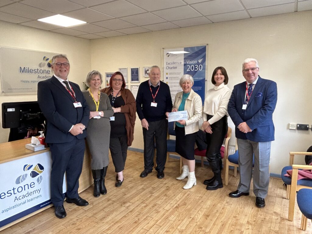 Photo depicting a visit to Milestone Academy in February 2024. Terry Smith, John Croasdall and Simon Rouse, representing the Chantry Lodge Freemasons and the Cornwallis East Kent Freemasons’ Charity visited to present the Friends of Milestone with a donation cheque for an incredible £1750.00!