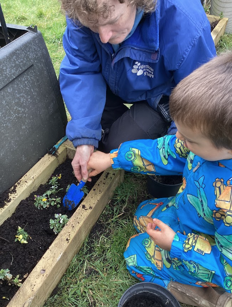 Student planting seeds in a plant bed