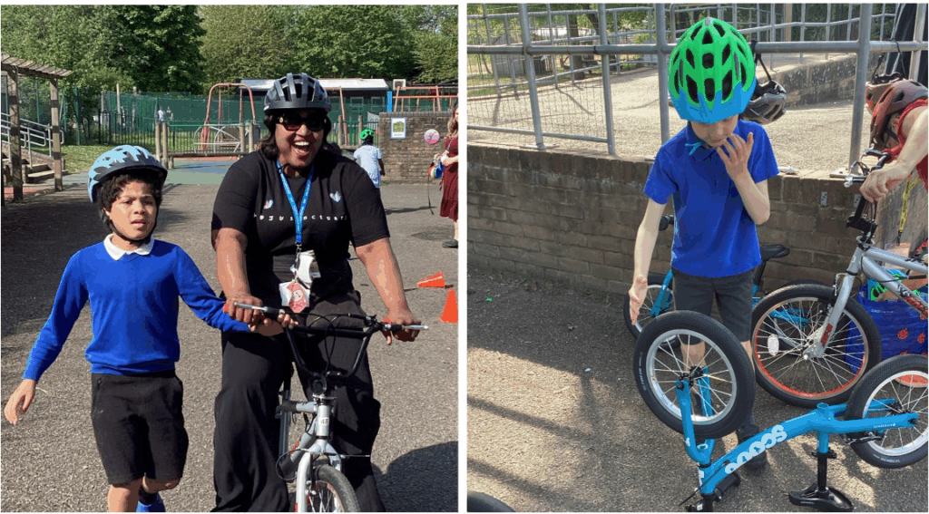 Staff members and children on bikes