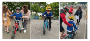 Staff and students learning / teaching how to ride a bike
