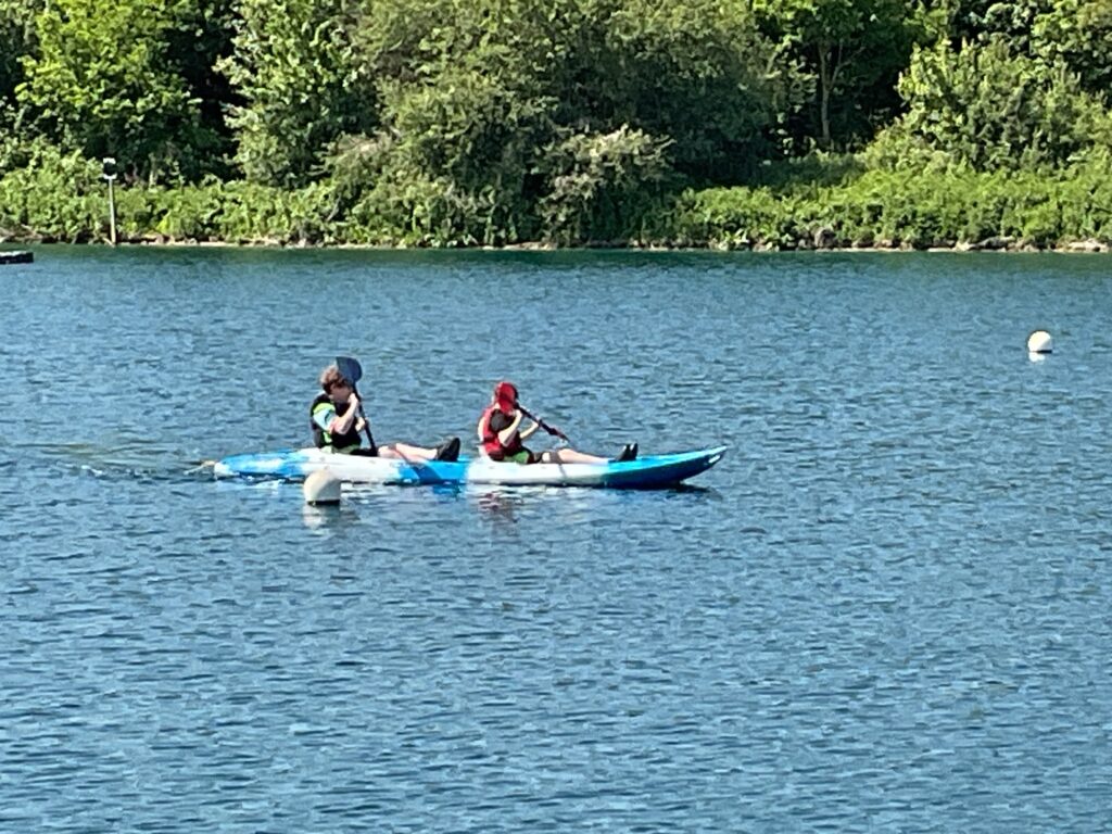 The image features two individuals in a tandem kayak on a calm body of water, likely a lake, under bright sunlight. Both are wearing life vests and are actively paddling, with one person in the front and the other in the back. The kayak is blue and white. In the background, there is a lush green treeline along the distant shore. The scene depicts a peaceful kayaking activity.